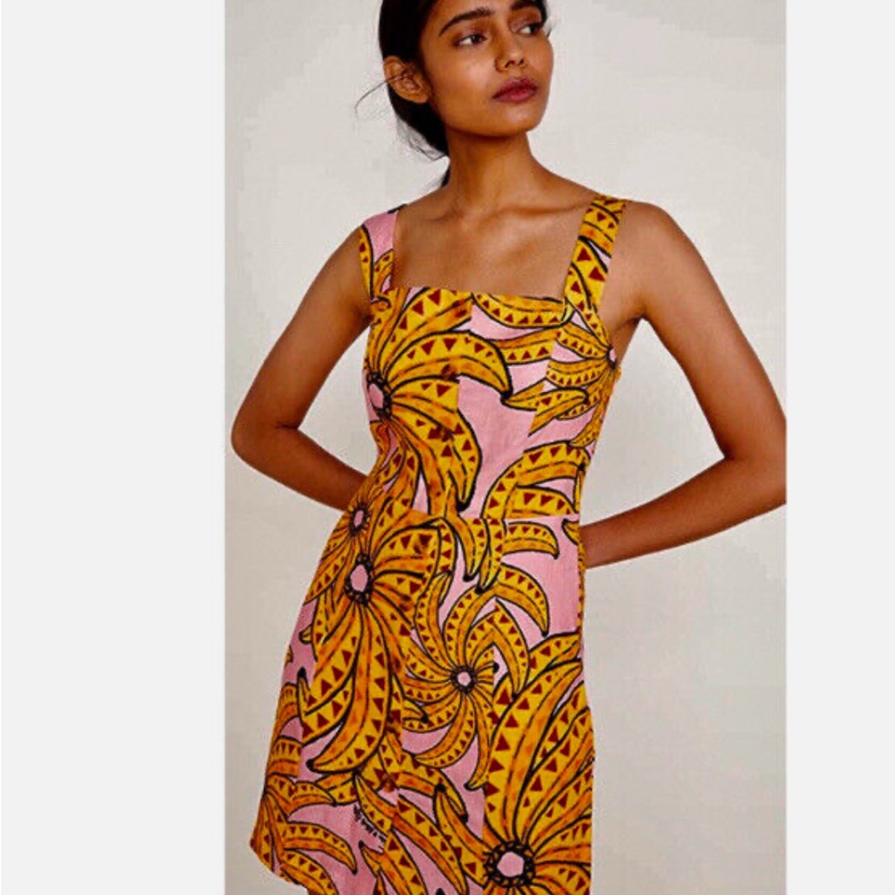 FARM Rio Gold and Orange Mini Sundress with Square Neck for Cocktail